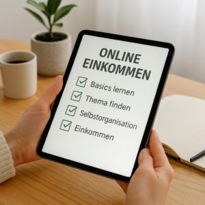 Checkliste zum Online-Einkommen auf einem Tablet: Basics lernen, Thema finden, Selbstorganisation und Einkommen – moderne Arbeitsumgebung mit natürlichem Licht.