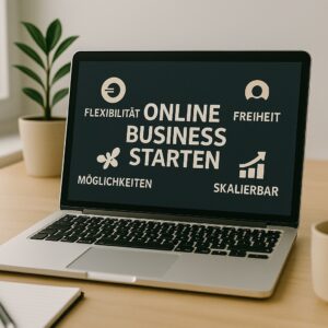 Laptop mit dem Schriftzug „Online Business starten“ und Symbolen für Flexibilität, Freiheit, Möglichkeiten und Skalierbarkeit – modernes Arbeitsumfeld.
