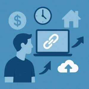 Symbolbild mit Laptop-Link-Symbol, Uhr, Haus, Cloud und Geldzeichen