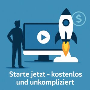 Illustration mit Rakete, Computer mit Play-Button und Silhouette als Symbol für den kostenlosen Start ins Online-Business