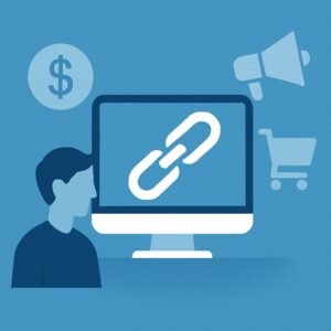 ymbolbild für Affiliate Marketing mit Link, Computer, Einkaufswagen und Megafon