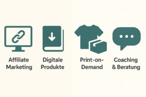 Vier Symbole für Affiliate Marketing, digitale Produkte, Print-on-Demand und Coaching