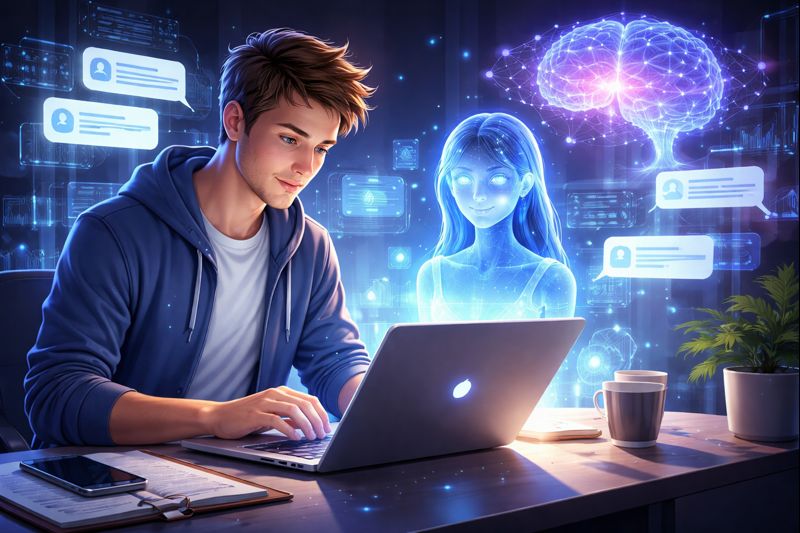 Solopreneur nutzt AbacusAI ChatLLM als KI-Assistent am Laptop