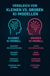 Infografik Vergleich kleine vs. große KI-Modelle – modernes Design mit KI-Optik, Unterschiede Rechenleistung, Wissen und Einsatzbereiche