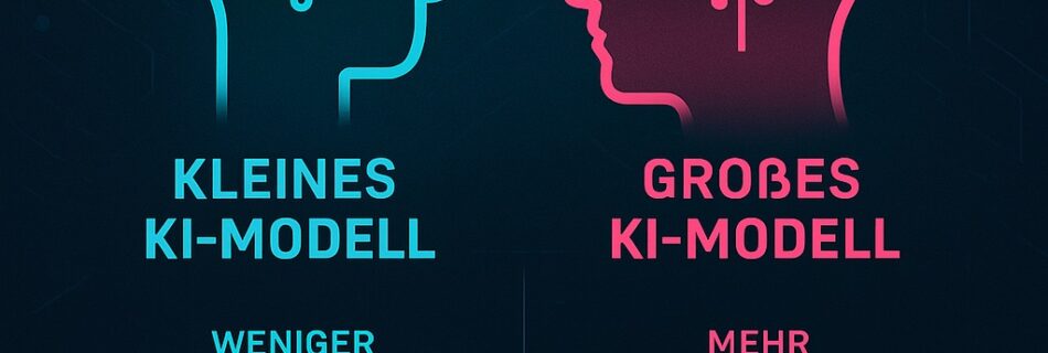 Infografik Vergleich kleine vs. große KI-Modelle – modernes Design mit KI-Optik, Unterschiede Rechenleistung, Wissen und Einsatzbereiche