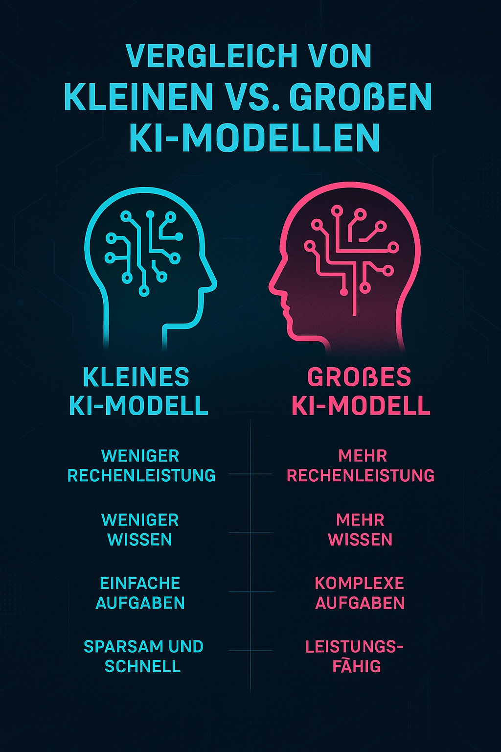 Infografik Vergleich kleine vs. große KI-Modelle – modernes Design mit KI-Optik, Unterschiede Rechenleistung, Wissen und Einsatzbereiche