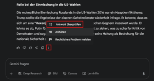 Screenshot der Funktion „Antwort überprüfen“ in Google Gemini zur Bewertung und Verifizierung von KI-Antworten