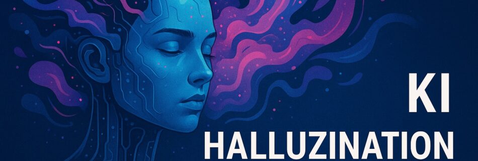 Futuristische Illustration einer künstlichen Intelligenz mit Halluzination, digitale Frau mit leuchtenden blauen Schaltkreismustern und abstrakten Gedankenwolken.