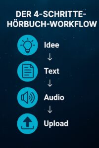 Infografik „Der 4-Schritte-Hörbuch-Workflow“ - Idee, Text, Audio und Upload zur einfachen Erstellung von KI-Hörbüchern für ein passives Einkommen.