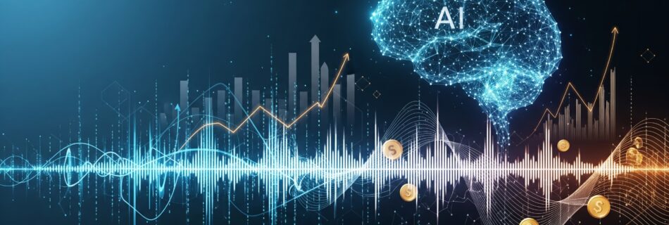 Ein digitales Gehirn symbolisiert KI, die Soundwellen und Wachstumsgraphen erzeugt.