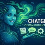 Freundliche KI-Figur erklärt ChatGPT Custom Instructions in einer futuristischen Illustration.