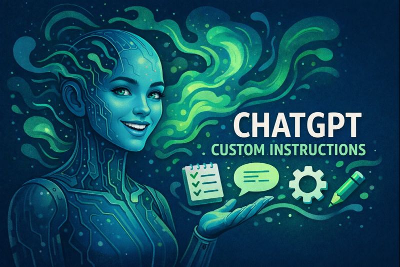 Freundliche KI-Figur erklärt ChatGPT Custom Instructions in einer futuristischen Illustration.