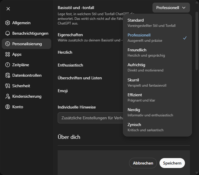 ChatGPT Personalisierung mit Auswahl des Basisstils und Tonfalls, professioneller Modus aktiviert