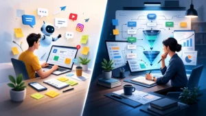 Metapherbild für oberflächliche KI-Nutzung versus tiefe strategische Analyse im Online-Business.