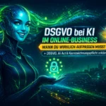 Futuristische KI-Illustration zum Thema DSGVO und Datenschutz im Online Business mit Symbolen für Sicherheit, EU und künstliche Intelligenz