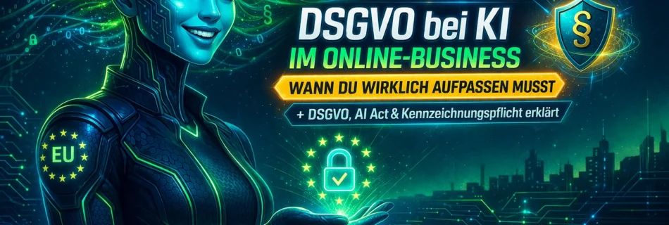 Futuristische KI-Illustration zum Thema DSGVO und Datenschutz im Online Business mit Symbolen für Sicherheit, EU und künstliche Intelligenz