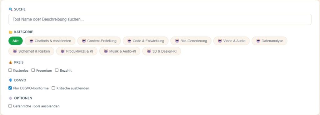 Filterfunktion für KI-Tools mit Kategorien, DSGVO-Auswahl und Preisoptionen zur gezielten Auswahl im Online Business