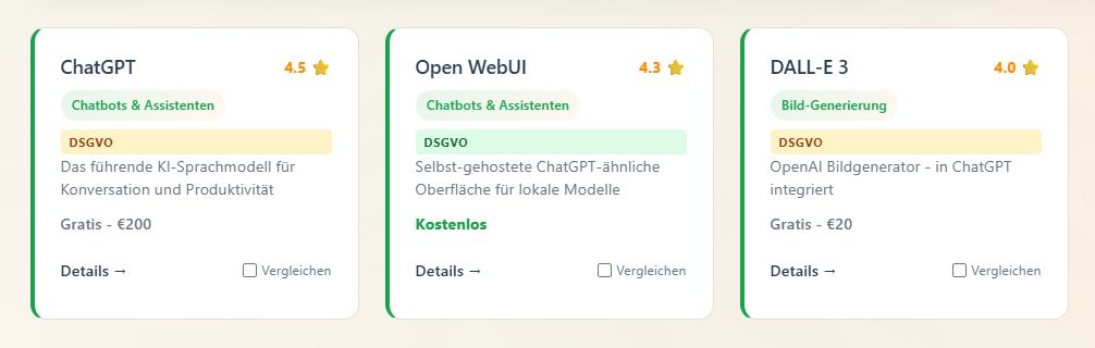 Ergebnisliste gefilterter KI-Tools mit Bewertung, Preis und DSGVO-Kennzeichnung für Online Business Anwendungen