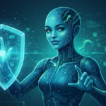 Futuristische KI-Figur mit digitalem Schutzschild als Symbol für Informationssicherheit bei der Nutzung von KI im Online-Business