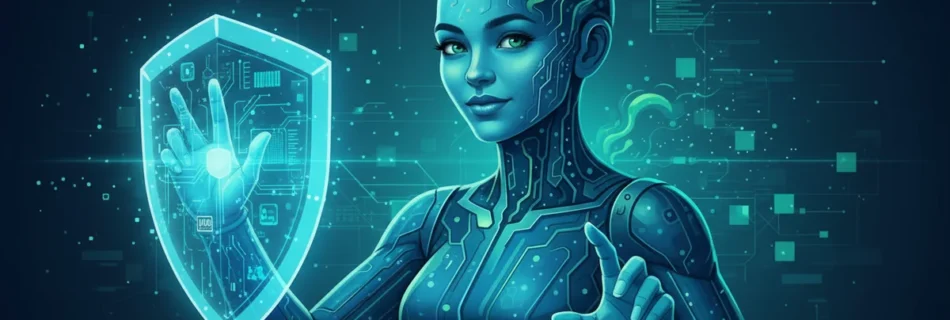 Futuristische KI-Figur mit digitalem Schutzschild als Symbol für Informationssicherheit bei der Nutzung von KI im Online-Business