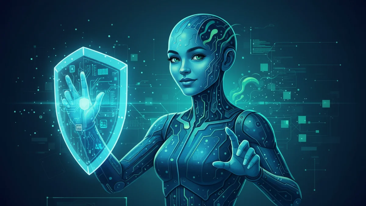 Futuristische KI-Figur mit digitalem Schutzschild als Symbol für Informationssicherheit bei der Nutzung von KI im Online-Business