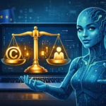 Illustration einer KI mit Waage als Symbol für Urheberrecht und Besitz von KI-generierten Inhalten in Deutschland und Europa.