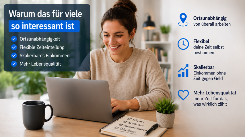 Eine Frau arbeitet entspannt am Laptop und nutzt Affiliate Marketing mit KI für flexibles Online Business.