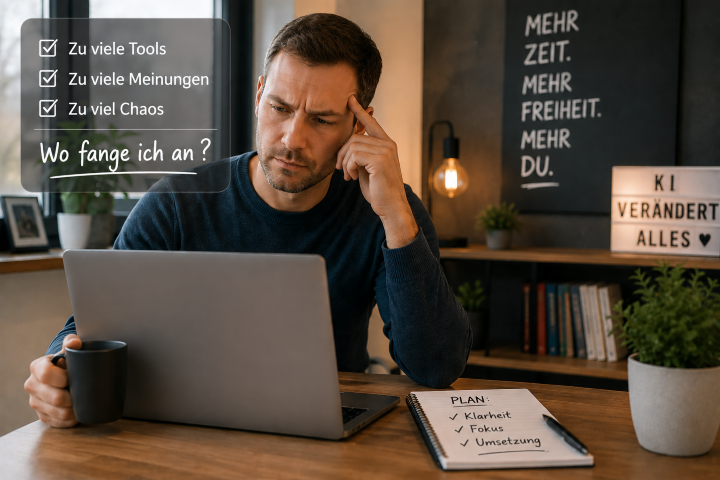 Ein Einsteiger sitzt vor seinem Laptop und ist überfordert von vielen Tools und Möglichkeiten im Online Business mit KI.