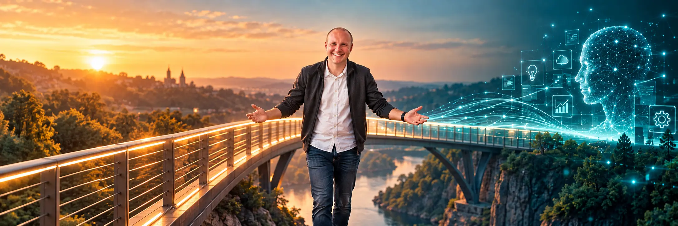 Carsten Tamm auf einer Brücke, die von einer sonnigen Landschaft zu einer digitalen KI-Symbolik führt