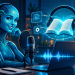 KI-generiertes Hörbuch erstellen mit digitaler Sprecherin, Mikrofon und Audiowellen